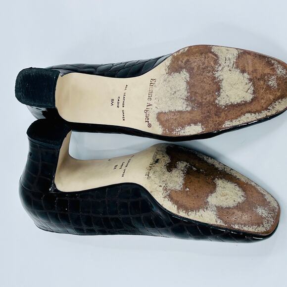 Vintage 90s Etienne Aigner Dark Brown Croc Embossed Leather Block Heel Pumps - Picture 8 of 9